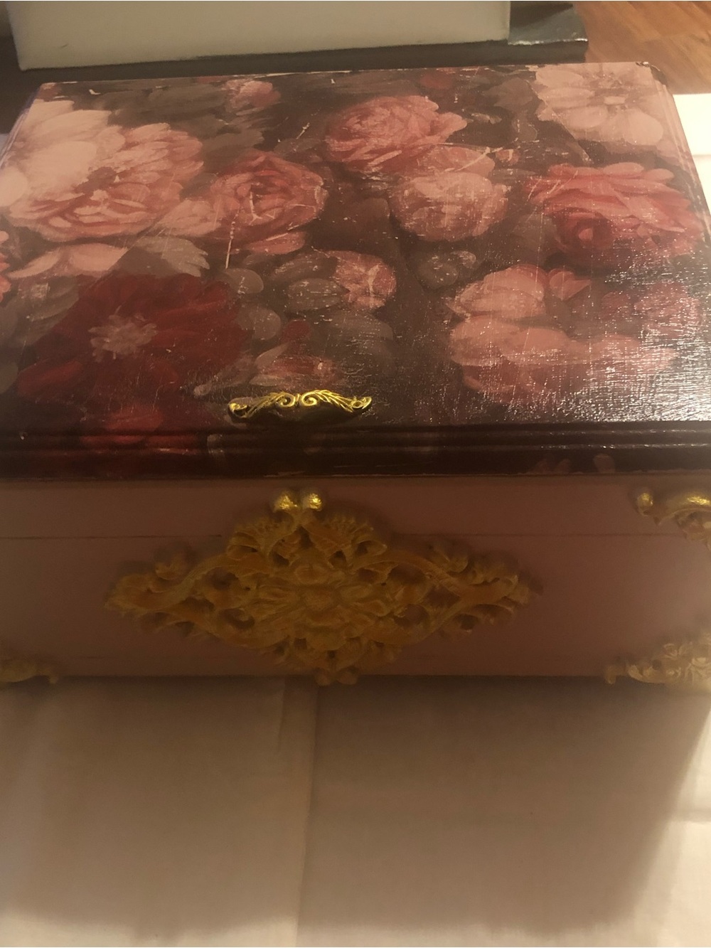 Decorative Pink Floral Jewelry Box with Gold Accents